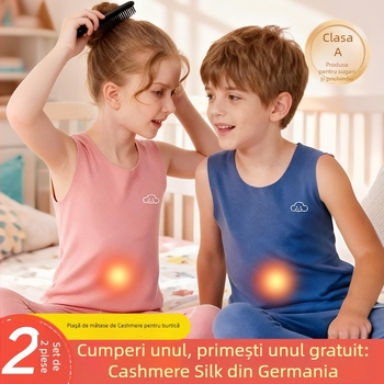 Vestă termică pentru copii din poliester, căptușeală de catifea, dublă stratificare, cu glugă, cu aplicații; pentru copii 7–12 ani.