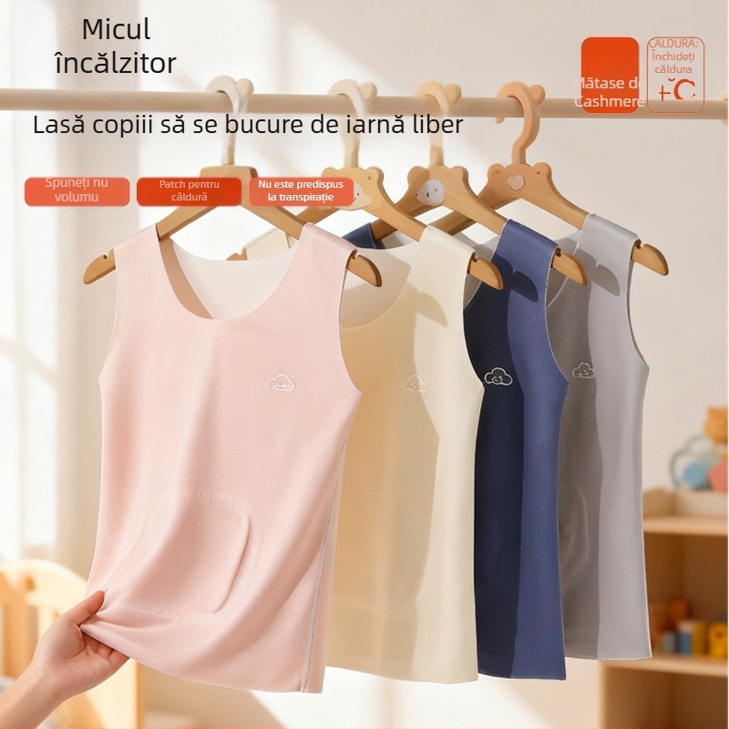 Vestă termică pentru copii din poliester, căptușeală de catifea, dublă stratificare, cu glugă, cu aplicații; pentru copii 7–12 ani.