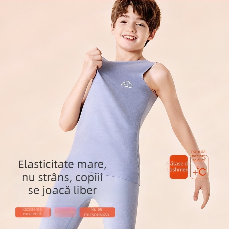 Vestă termică pentru copii din poliester, căptușeală de catifea, dublă stratificare, cu glugă, cu aplicații; pentru copii 7–12 ani.