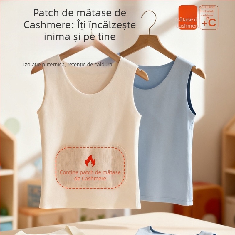 Vestă termică pentru copii din poliester, căptușeală de catifea, dublă stratificare, cu glugă, cu aplicații; pentru copii 7–12 ani.