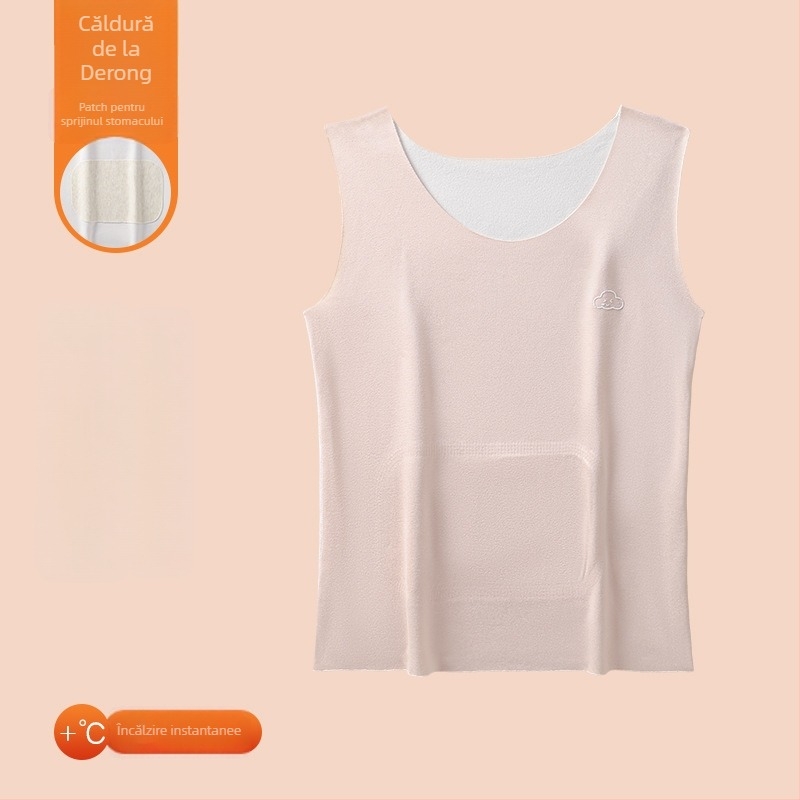 Vestă termică pentru copii din poliester, căptușeală de catifea, dublă stratificare, cu glugă, cu aplicații; pentru copii 7–12 ani.