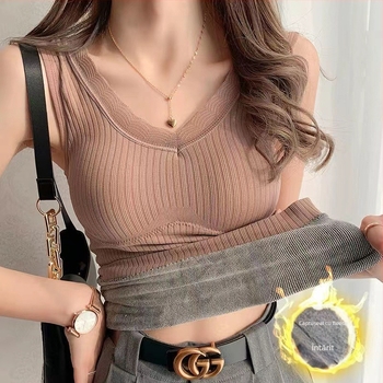 Vesta termică cu căptușeală din fleece, țesătură din nylon, decolteu în V, fără cusături, dublu strat