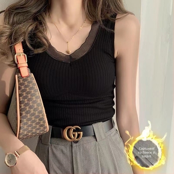 Vesta termică cu căptușeală din fleece, țesătură din nylon, decolteu în V, fără cusături, dublu strat