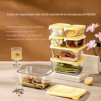 Cutie crisper din sticlă borosilicată, dreptunghiulară, rezistentă la frig și căldură, compatibilă cu microunde, sigilată pentru prospețime, capacitate 1-2 L