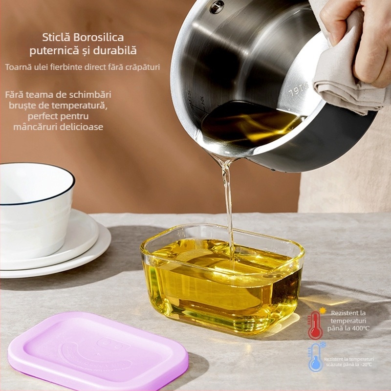 Cutie crisper din sticlă borosilicată, dreptunghiulară, rezistentă la frig și căldură, compatibilă cu microunde, sigilată pentru prospețime, capacitate 1-2 L