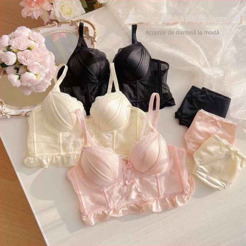 Set de sutien din bumbac, cupe 3/4, push-up, bretele fixe duble, închidere la spate cu patru rânduri de cârlige