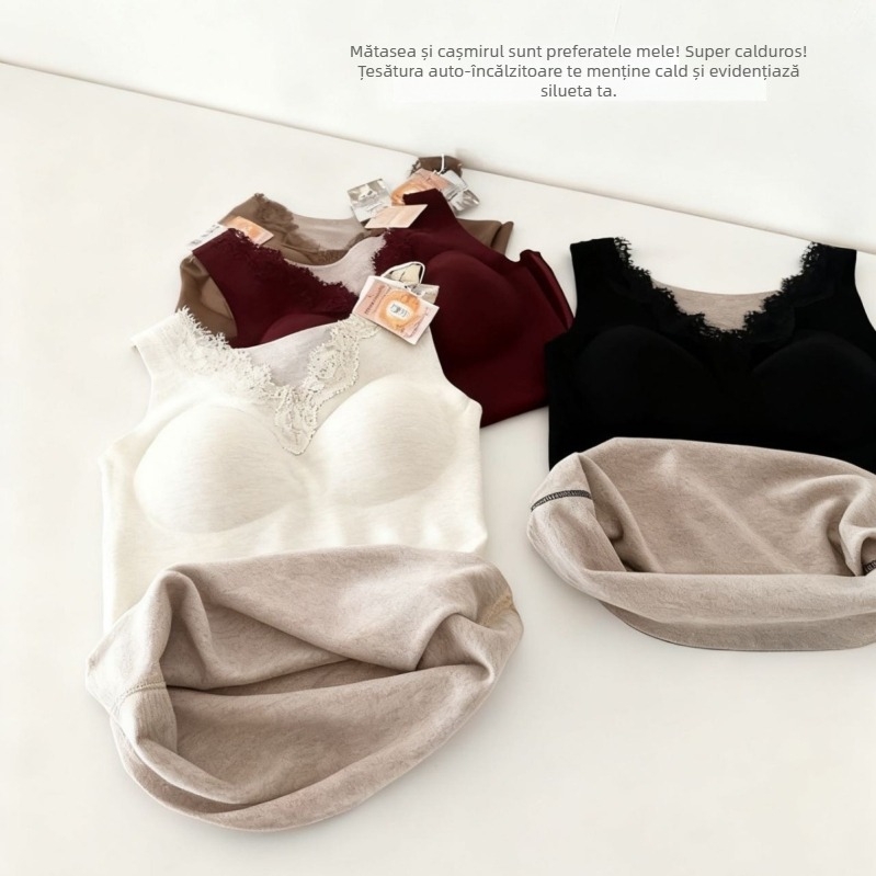 Vesta termică cu decolteu în V, dantelă, fără cusături, insert pentru sân și strat de bază din mătase-cashmere autoîncălzitor