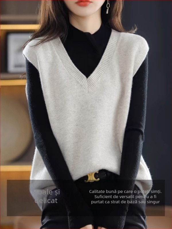 Gilet din lână 100% chenille, fără mâneci, decolteu în V, pentru femei, tricotat, primăvară-toamnă