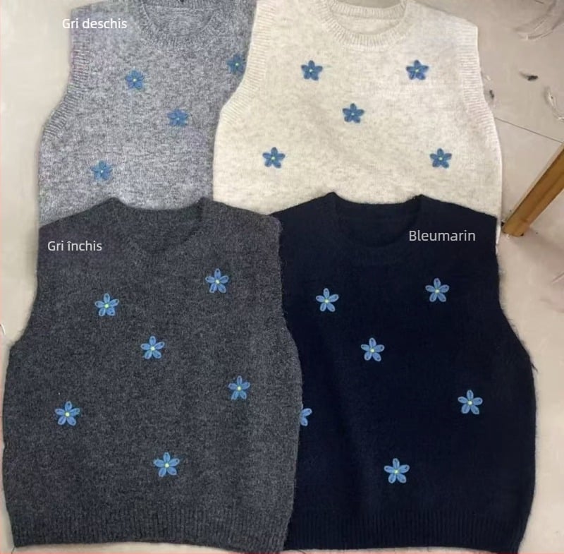 Vesta fără mâneci din tricot jacquard gri, în stil franțuzesc, pentru femei, top scurt stratificat