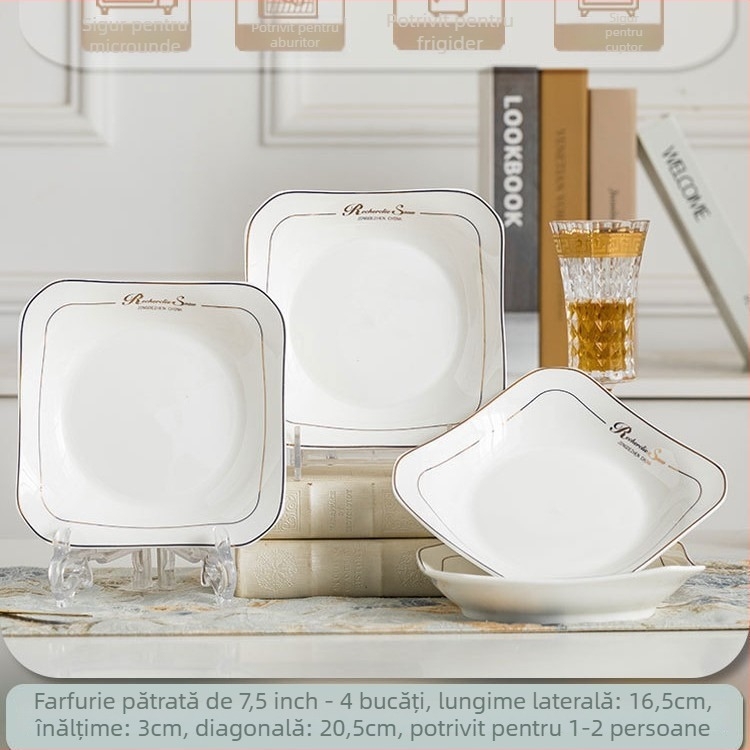 Farfurie pătrată din ceramică, Mega porcelain, modele variate, potrivită pentru microunde, stil modern minimalist