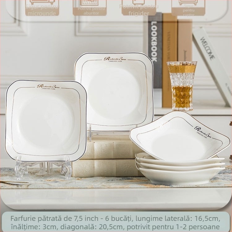 Farfurie pătrată din ceramică, Mega porcelain, modele variate, potrivită pentru microunde, stil modern minimalist