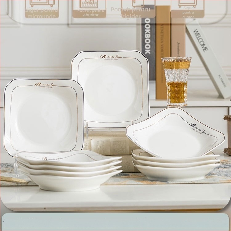 Farfurie pătrată din ceramică, Mega porcelain, modele variate, potrivită pentru microunde, stil modern minimalist