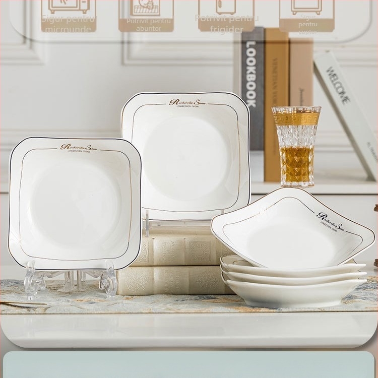 Farfurie pătrată din ceramică, Mega porcelain, modele variate, potrivită pentru microunde, stil modern minimalist