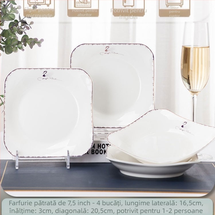 Farfurie pătrată din ceramică, Mega porcelain, modele variate, potrivită pentru microunde, stil modern minimalist