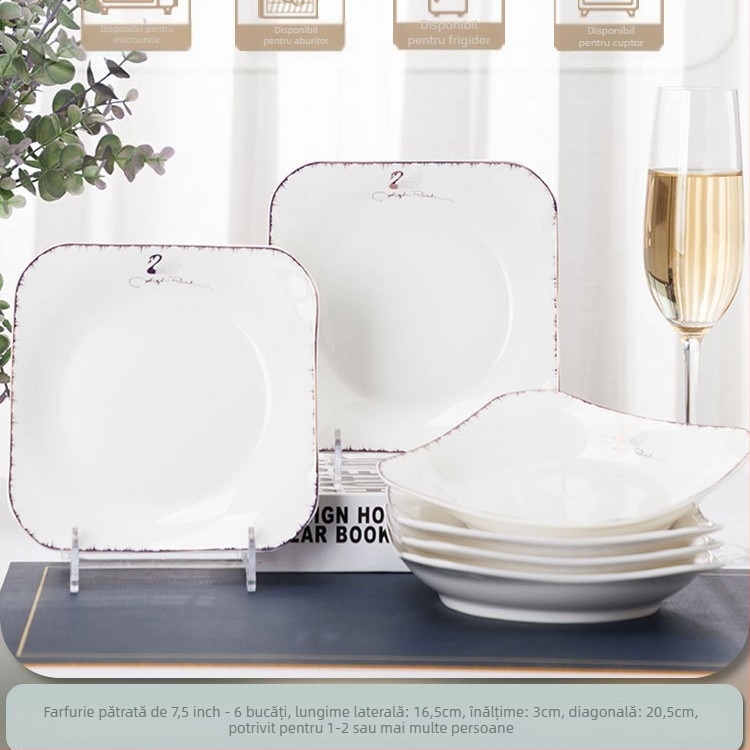 Farfurie pătrată din ceramică, Mega porcelain, modele variate, potrivită pentru microunde, stil modern minimalist
