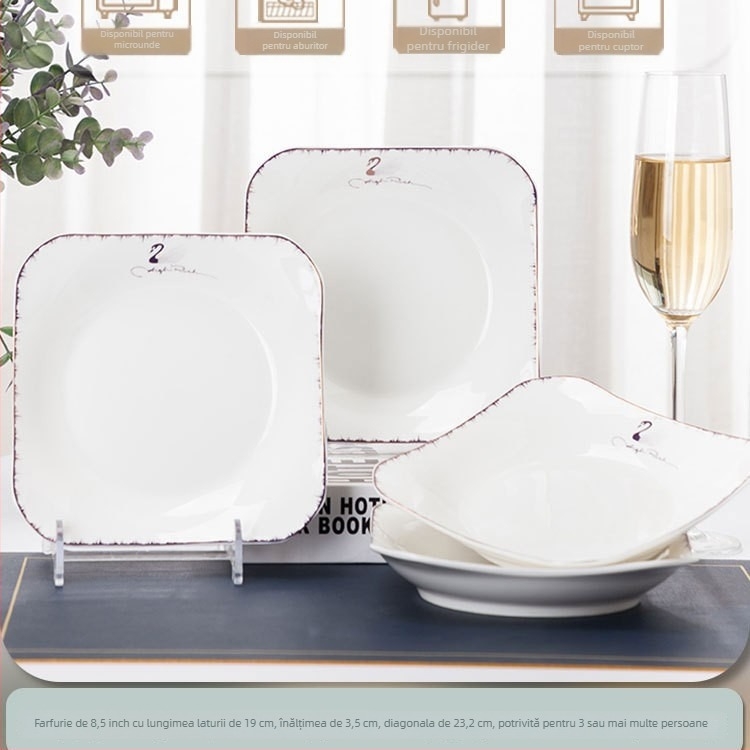Farfurie pătrată din ceramică, Mega porcelain, modele variate, potrivită pentru microunde, stil modern minimalist