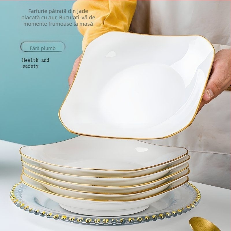 Farfurie pătrată din ceramică, Mega porcelain, modele variate, potrivită pentru microunde, stil modern minimalist
