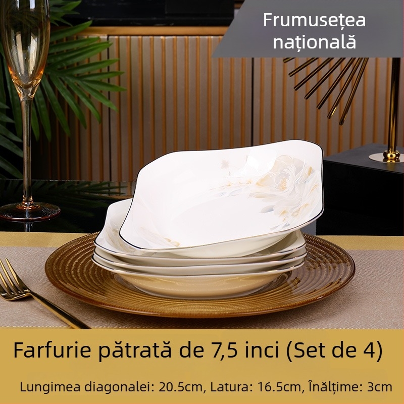 Farfurie pătrată din ceramică, Mega porcelain, modele variate, potrivită pentru microunde, stil modern minimalist