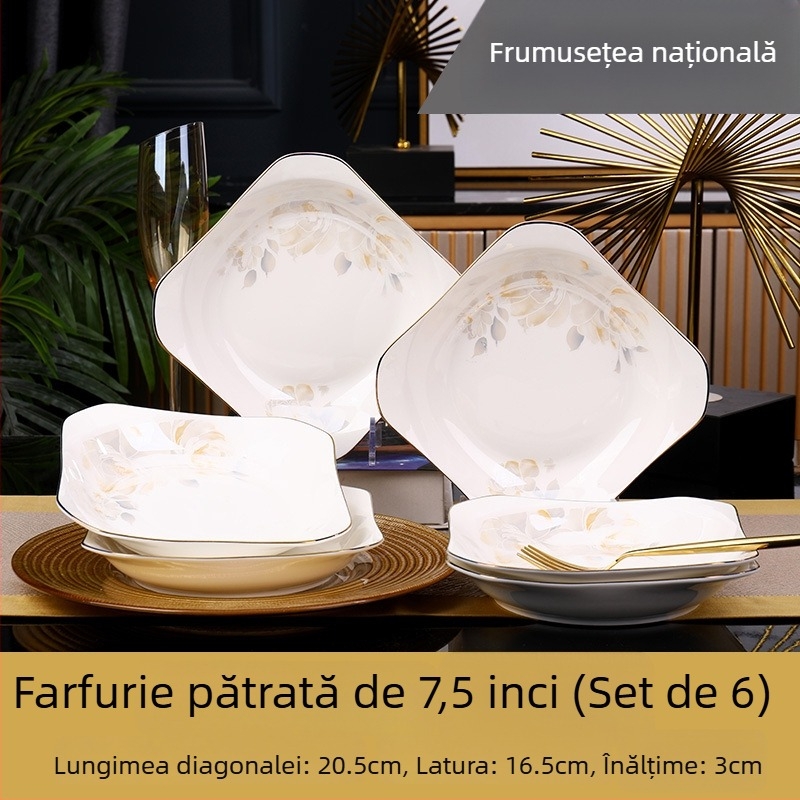 Farfurie pătrată din ceramică, Mega porcelain, modele variate, potrivită pentru microunde, stil modern minimalist