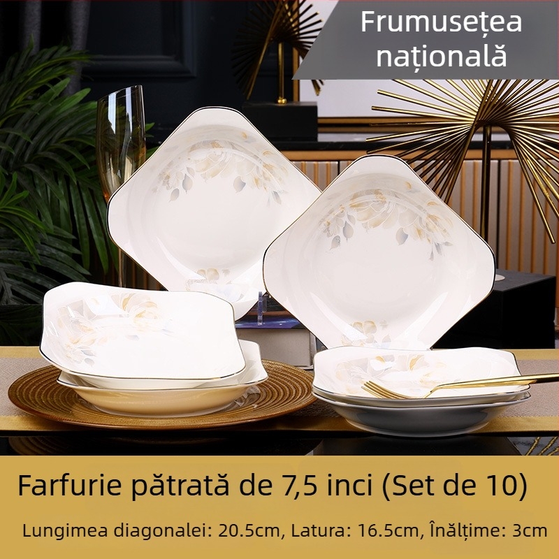 Farfurie pătrată din ceramică, Mega porcelain, modele variate, potrivită pentru microunde, stil modern minimalist