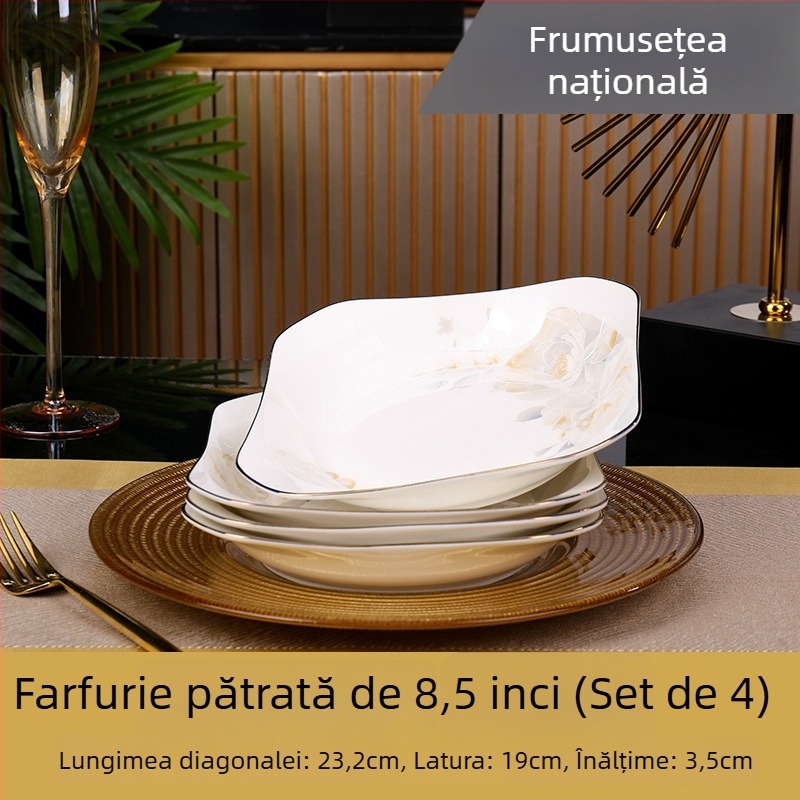 Farfurie pătrată din ceramică, Mega porcelain, modele variate, potrivită pentru microunde, stil modern minimalist