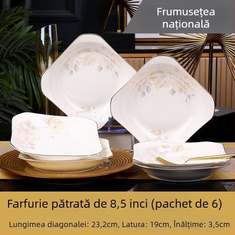 Farfurie pătrată din ceramică, Mega porcelain, modele variate, potrivită pentru microunde, stil modern minimalist