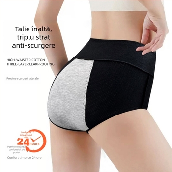 Chiloți de perioadă pentru femei, talie înaltă, din bumbac, respirabili, anti- scurgere pe lateral; țesătură principală 93% bumbac, căptușeală crotch 100% bumbac
