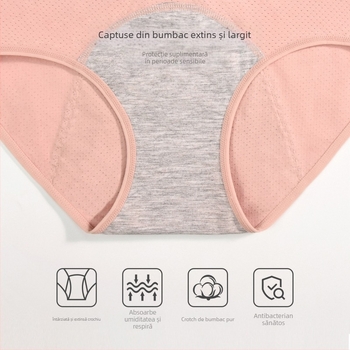 Chiloți de perioadă pentru femei, talie înaltă, din bumbac, respirabili, anti- scurgere pe lateral; țesătură principală 93% bumbac, căptușeală crotch 100% bumbac