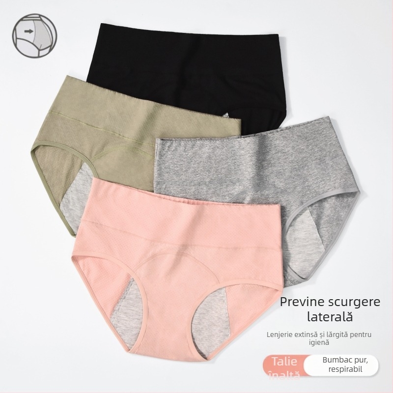 Chiloți de perioadă pentru femei, talie înaltă, din bumbac, respirabili, anti- scurgere pe lateral; țesătură principală 93% bumbac, căptușeală crotch 100% bumbac