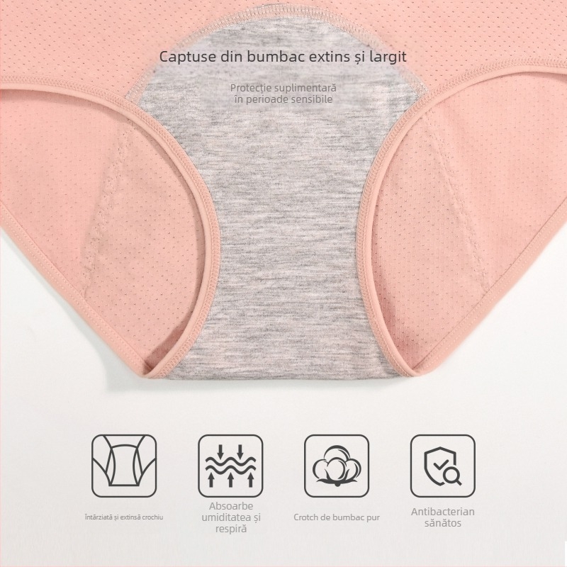 Chiloți de perioadă pentru femei, talie înaltă, din bumbac, respirabili, anti- scurgere pe lateral; țesătură principală 93% bumbac, căptușeală crotch 100% bumbac