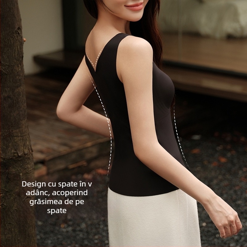 Vesta termică pentru femei — decolteu în V, material nylon, strat unic, 181–200 g/m²; poate fi purtată ca strat de bază sau ca strat exterior; menține căldura și oferă protecție spatelui.