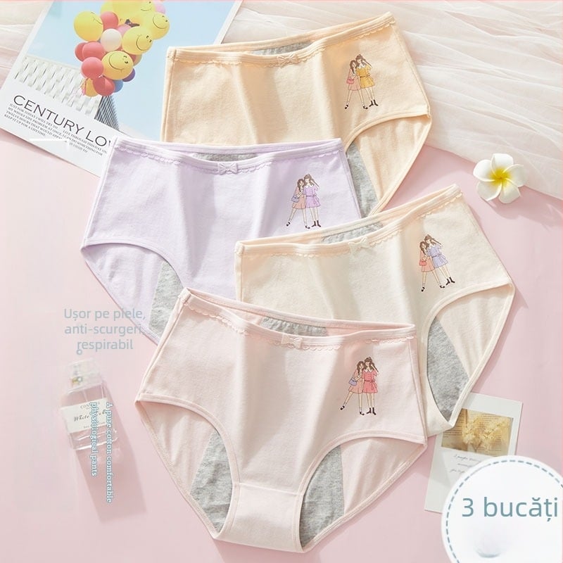 Chiloți menstrual anti scurgeri, talie medie, material principal din bumbac 95%, căptușeală intimă 100% bumbac, model cartoon