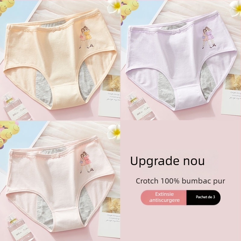 Chiloți menstrual anti scurgeri, talie medie, material principal din bumbac 95%, căptușeală intimă 100% bumbac, model cartoon