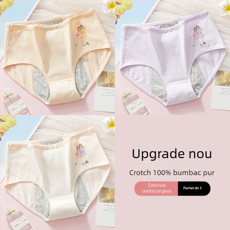 Chiloți menstrual anti scurgeri, talie medie, material principal din bumbac 95%, căptușeală intimă 100% bumbac, model cartoon