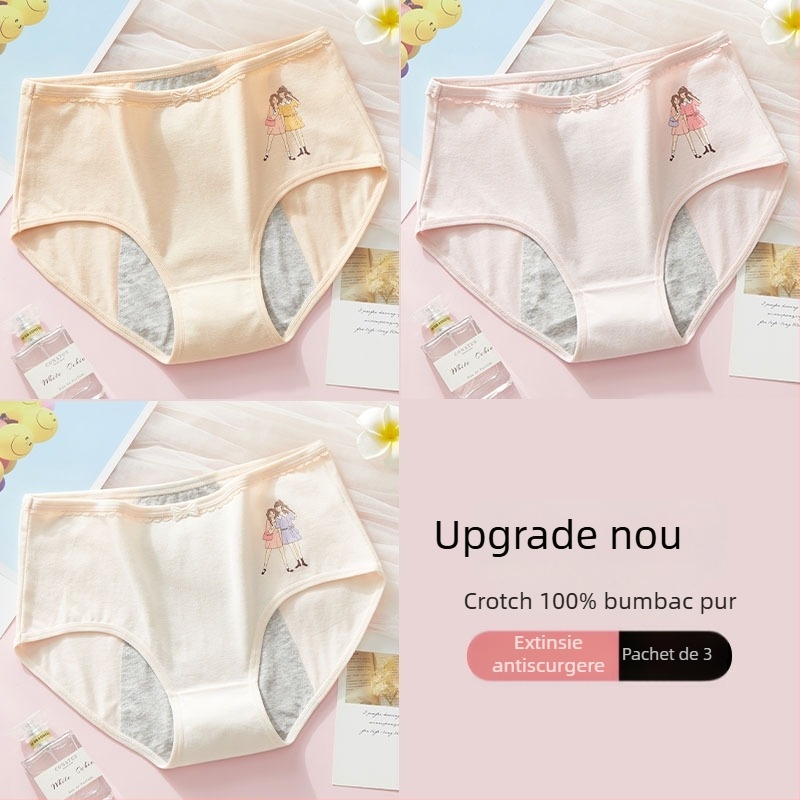 Chiloți menstrual anti scurgeri, talie medie, material principal din bumbac 95%, căptușeală intimă 100% bumbac, model cartoon