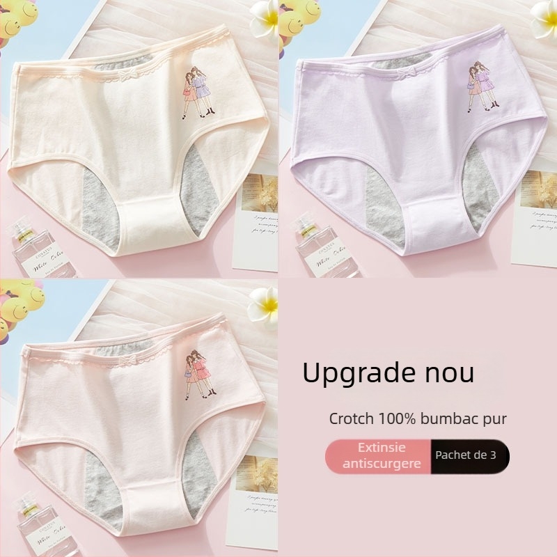 Chiloți menstrual anti scurgeri, talie medie, material principal din bumbac 95%, căptușeală intimă 100% bumbac, model cartoon