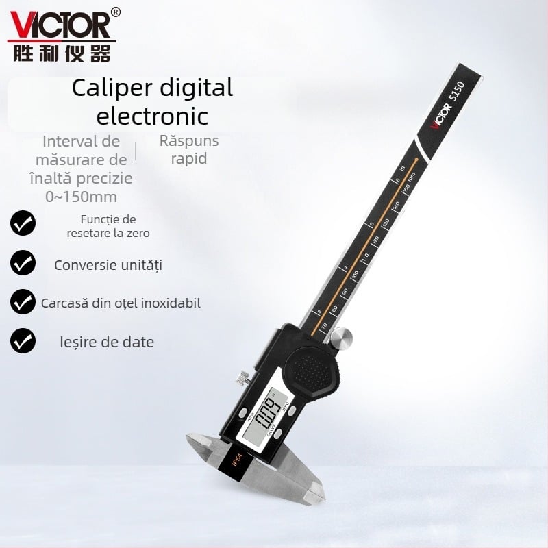 Victor VC5150 serie caliper electronic digital, din oțel inoxidabil, rezoluție 0.01 mm / 0.0005 in, repetabilitate 0.01 mm, intervale 0-150 mm/6 in; 0-200 mm/8 in; 0-300 mm/12 in