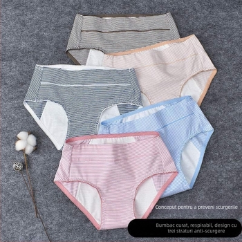 Lenjerie menstruală pentru femei, model dungat, talie medie, respirabilă, anti-scurgeri, material din bumbac