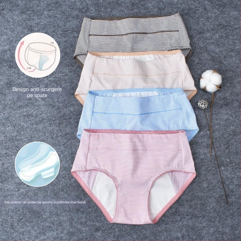 Lenjerie menstruală pentru femei, model dungat, talie medie, respirabilă, anti-scurgeri, material din bumbac