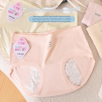 Lenjerie de menstruație pentru femei, talie medie, material moale, crotch extins, protecție împotriva scurgerilor; țesătură principală: fibră de celuloză regenerată 92%, căptușeală crotch: 100% celuloză regenerată