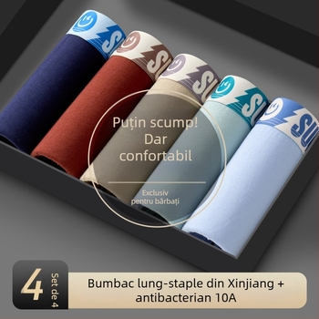 Boxeri bărbați din bumbac, talie medie, țesătură respirabilă, conținut de bumbac 90–95%, număr de fire 40, căptușeală în zona inghinală din fibră de celuloză regenerată.