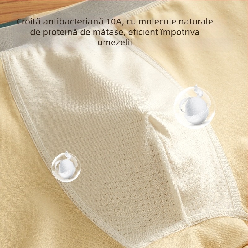 Boxeri bărbați din bumbac, talie medie, țesătură respirabilă, conținut de bumbac 90–95%, număr de fire 40, căptușeală în zona inghinală din fibră de celuloză regenerată.