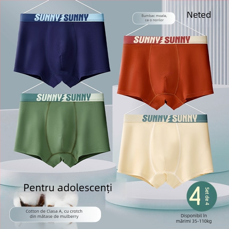 Boxeri bărbați din bumbac, talie medie, țesătură respirabilă, conținut de bumbac 90–95%, număr de fire 40, căptușeală în zona inghinală din fibră de celuloză regenerată.