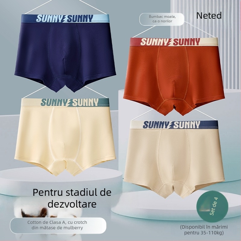 Boxeri bărbați din bumbac, talie medie, țesătură respirabilă, conținut de bumbac 90–95%, număr de fire 40, căptușeală în zona inghinală din fibră de celuloză regenerată.