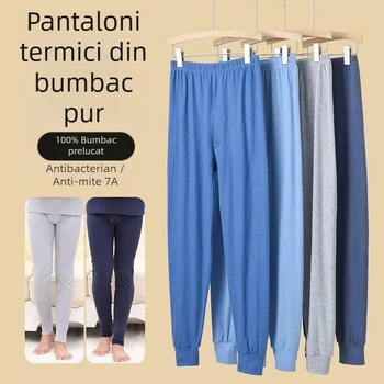 Pantaloni termici pentru bărbați din 100% bumbac, tricotate, croială lejeră, talie înaltă, țesătură groasă