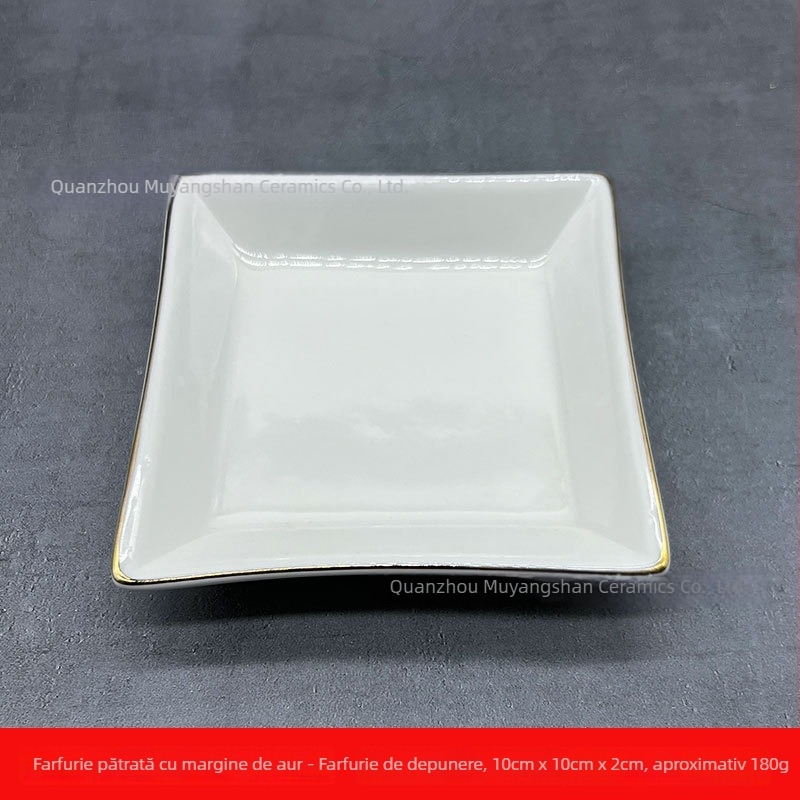 Farfurie de porțelan puțin adâncă, pătrată, cu suprafață glazată, potrivită pentru microunde, model monocrom