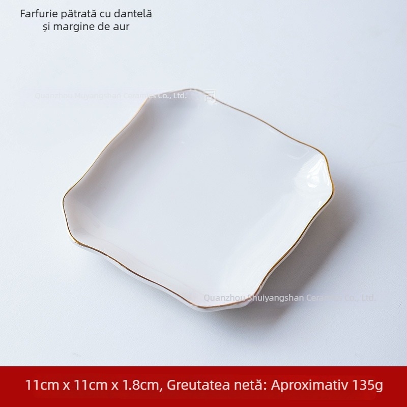 Farfurie de porțelan puțin adâncă, pătrată, cu suprafață glazată, potrivită pentru microunde, model monocrom