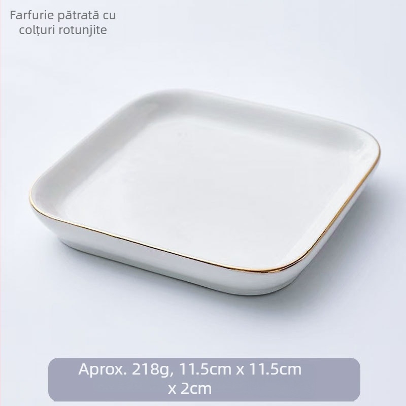 Farfurie de porțelan puțin adâncă, pătrată, cu suprafață glazată, potrivită pentru microunde, model monocrom
