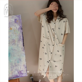 Rochie de noapte pentru femei, bumbac, mâneci 3/4, guler pliabil, lungă, respirabilă și confortabilă