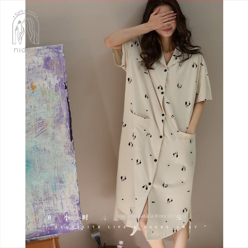 Rochie de noapte pentru femei, bumbac, mâneci 3/4, guler pliabil, lungă, respirabilă și confortabilă